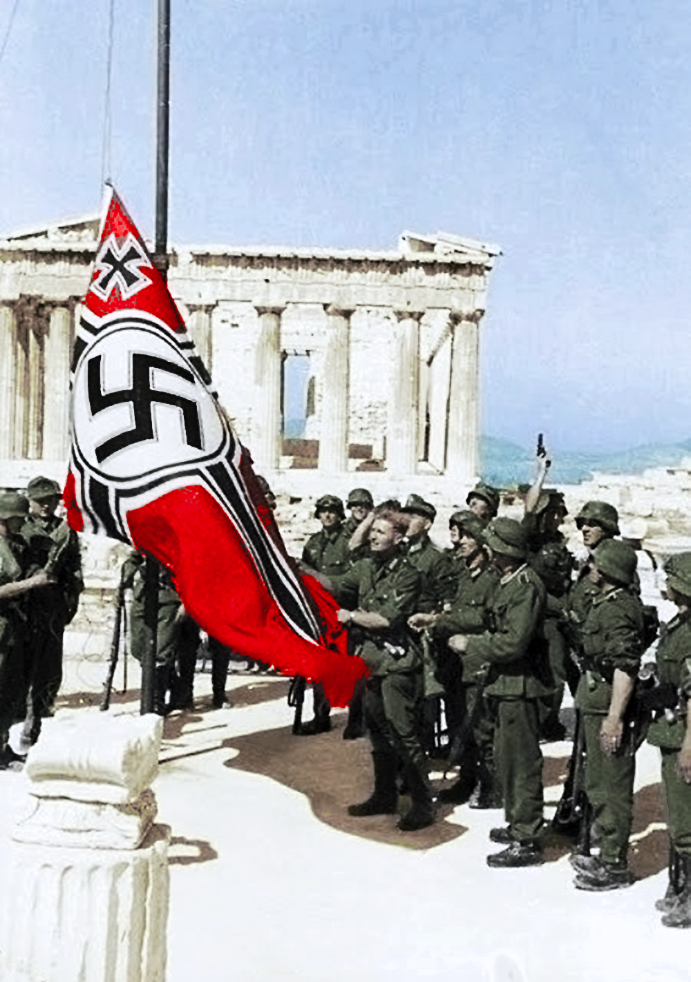600dpi - Wehrmacht_soldiers_hoisting_the_Reichskriegsflagge_swastika_war_flag_on_Akropolis_in_German_occupied_Athens,_Greece_1941-04-27_Colorized_photo_Flickr_Public_Domain600.png